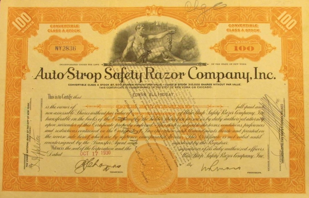 AutoStrop Stock Certificate